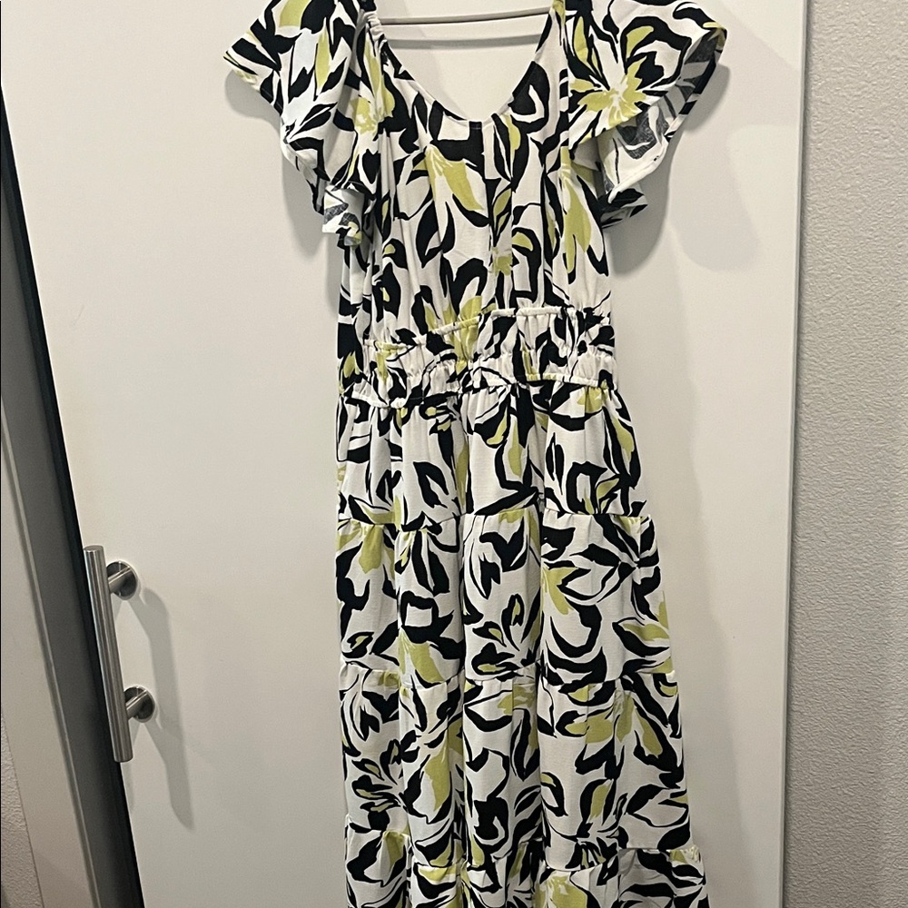 Floral Print Ruffle Sleeve Maxi Dress in White, Black & Lime